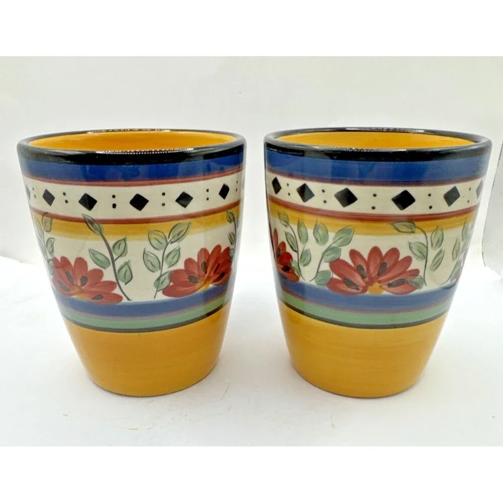 Pier 1 Alexandria Hand Painted Earthenware Mugs Yellow Blue Red Flowers Set of 2